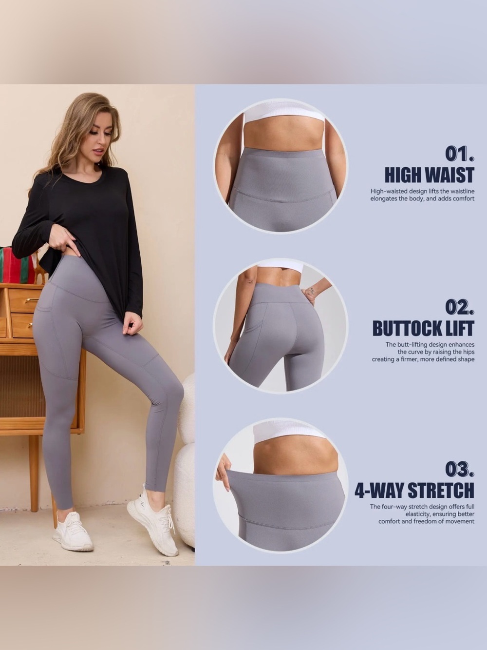 Viconow Gray Tummy Control Pockets High Waist Leggings Athletic Pants Size XL